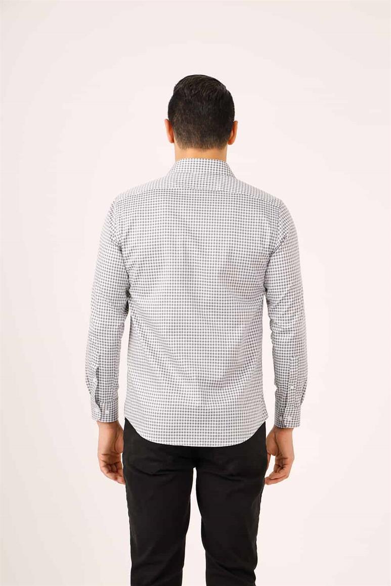 Koyu Gri Erkek Slim Fit Ekose Desenli Yarım İtalyan Yaka Uzun Kol Gömlek - 90539