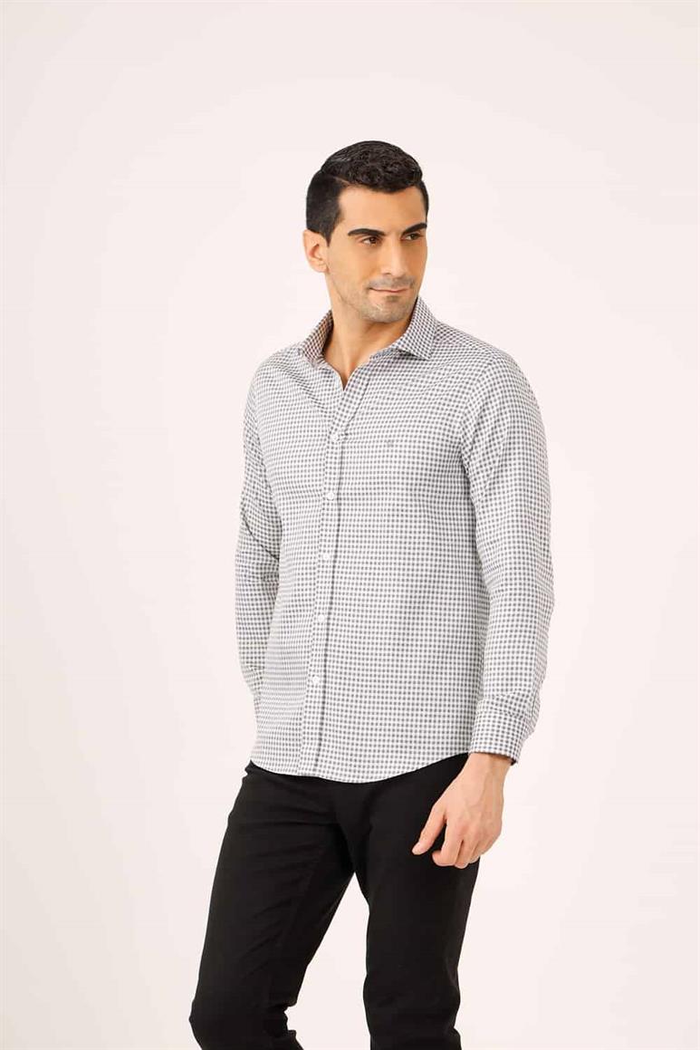 Koyu Gri Erkek Slim Fit Ekose Desenli Yarım İtalyan Yaka Uzun Kol Gömlek - 90539