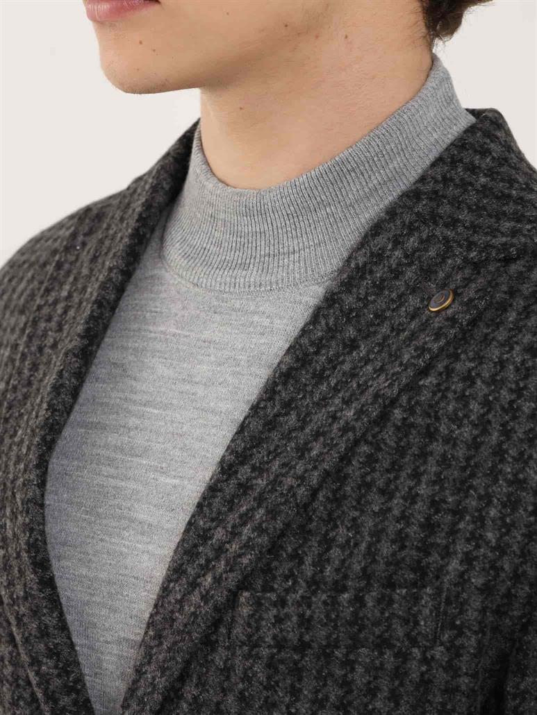 Koyu Gri Erkek Slim Fit Ekose Desenli Casual Mono Yaka Ceket 
