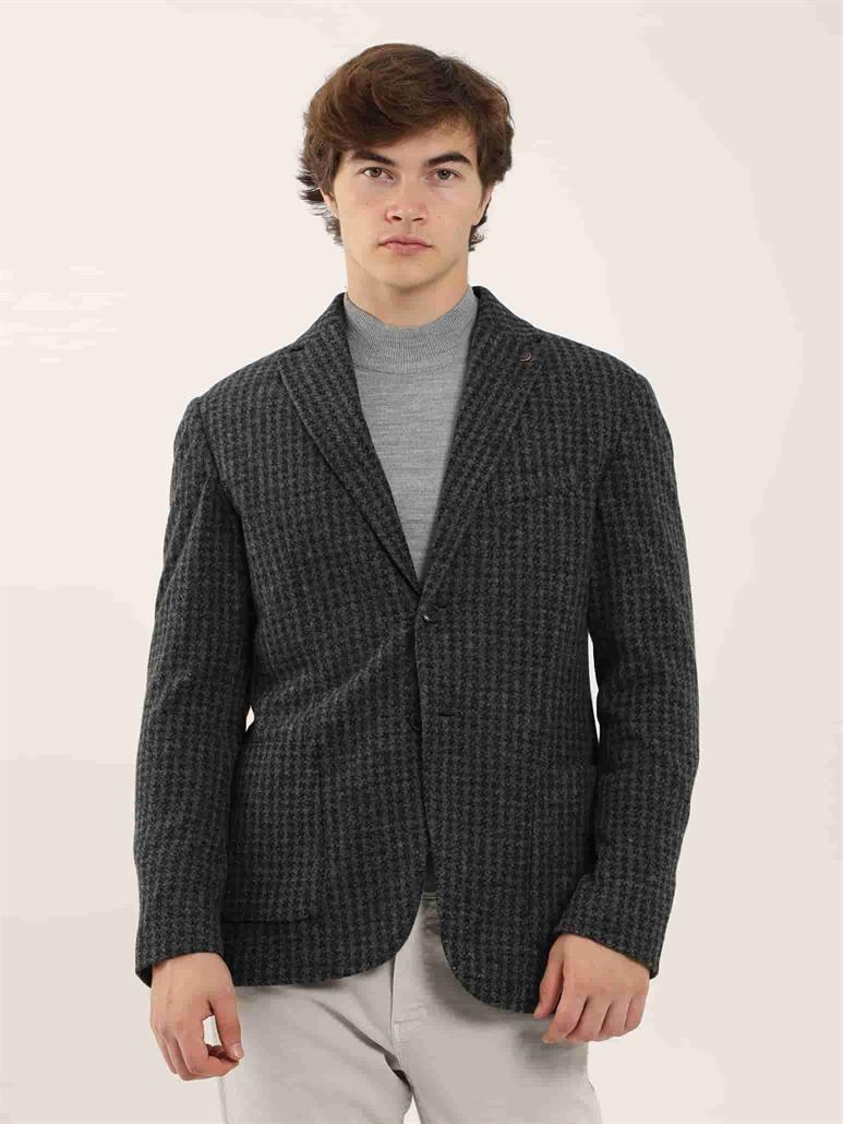 Koyu Gri Erkek Slim Fit Ekose Desenli Casual Mono Yaka Ceket 