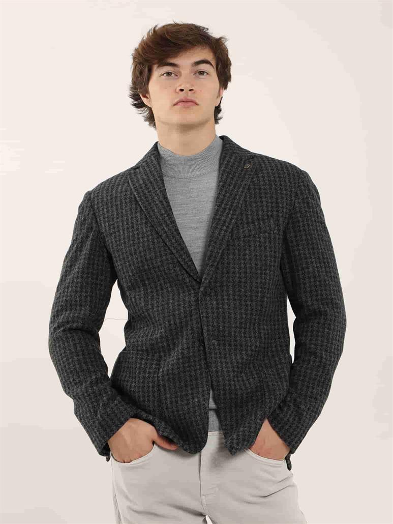 Koyu Gri Erkek Slim Fit Ekose Desenli Casual Mono Yaka Ceket 