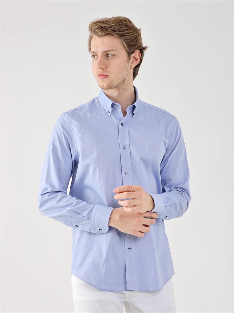 Koyu Mavi Erkek Regular Fit Oxford Brent Düğmeli Yaka Uzun Kol Gömlek 