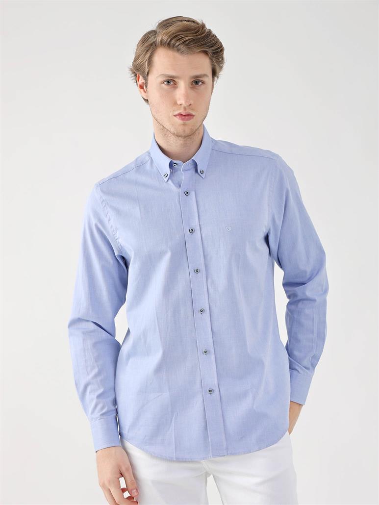 Koyu Mavi Erkek Regular Fit Oxford Brent Düğmeli Yaka Uzun Kol Gömlek 