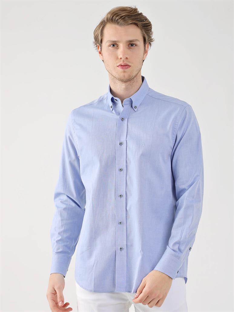 Koyu Mavi Erkek Regular Fit Oxford Brent Düğmeli Yaka Uzun Kol Gömlek 