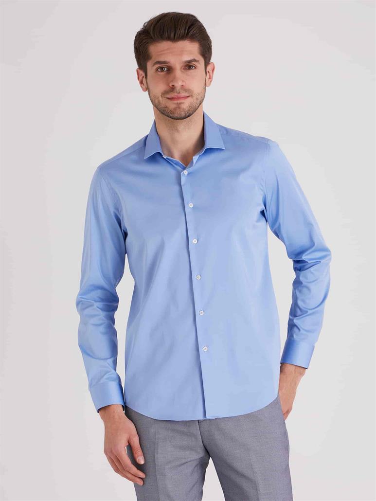 Koyu Mavi Erkek Slim Fit Düz Paul Yaka Uzun Kol Gömlek 