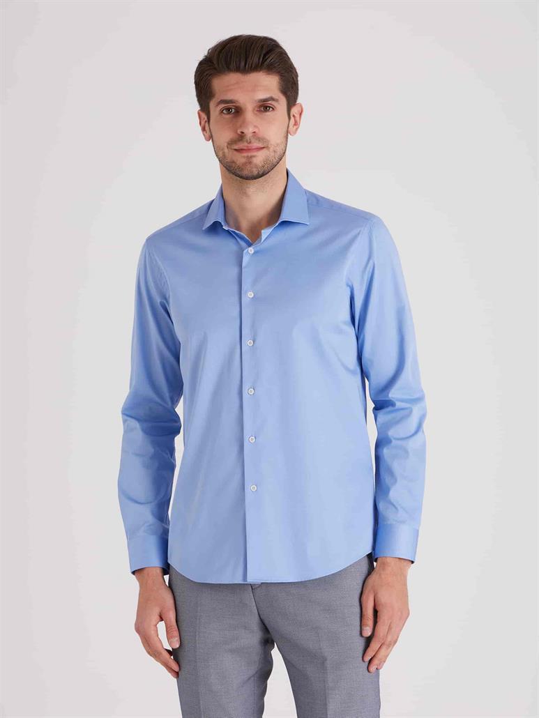 Koyu Mavi Erkek Slim Fit Düz Paul Yaka Uzun Kol Gömlek 