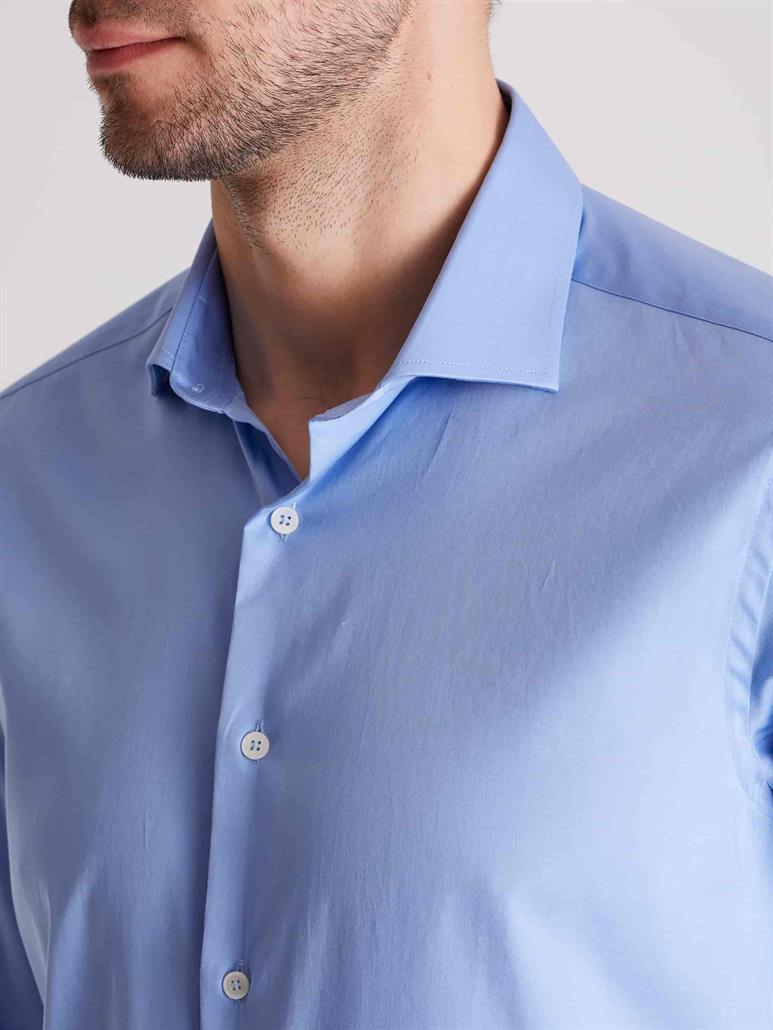Koyu Mavi Erkek Slim Fit Düz Paul Yaka Uzun Kol Gömlek 