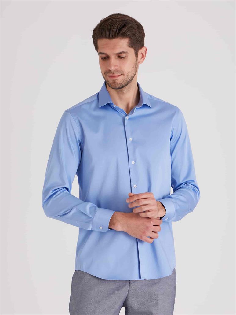 Koyu Mavi Erkek Slim Fit Düz Paul Yaka Uzun Kol Gömlek 
