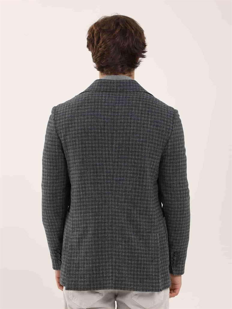 Koyu Mavi Erkek Slim Fit Ekose Desenli Mono Yaka Ceket 