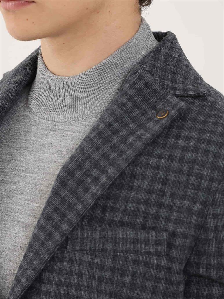 Koyu Mavi Erkek Slim Fit Ekose Desenli Mono Yaka Ceket 