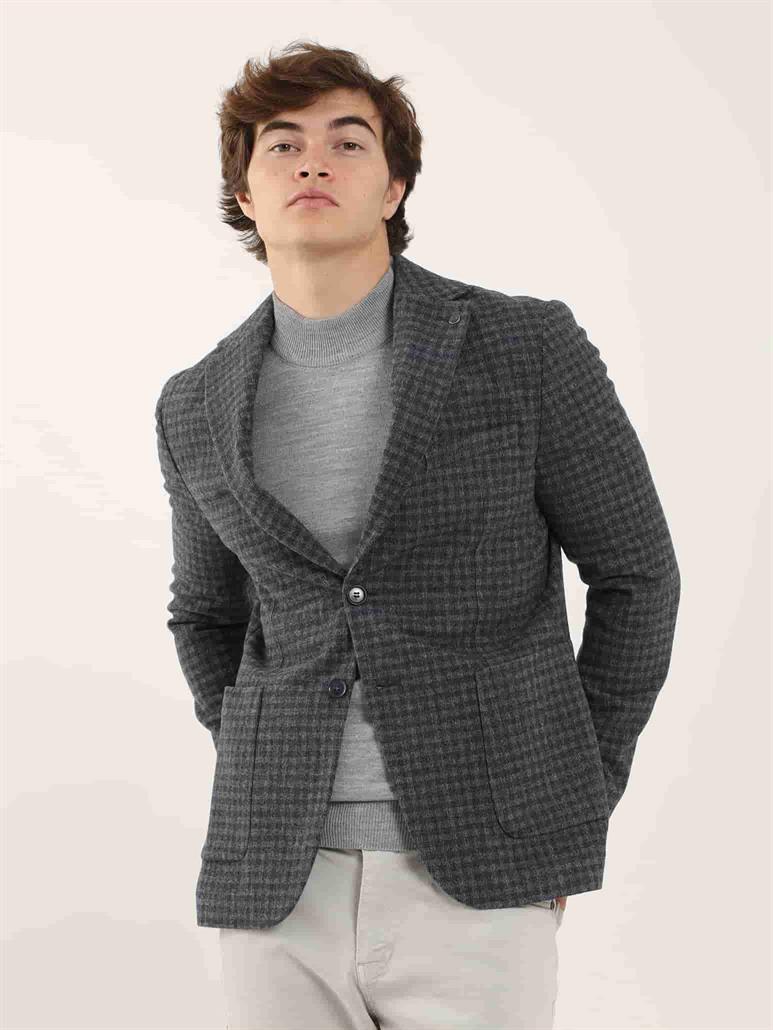 Koyu Mavi Erkek Slim Fit Ekose Desenli Mono Yaka Ceket 
