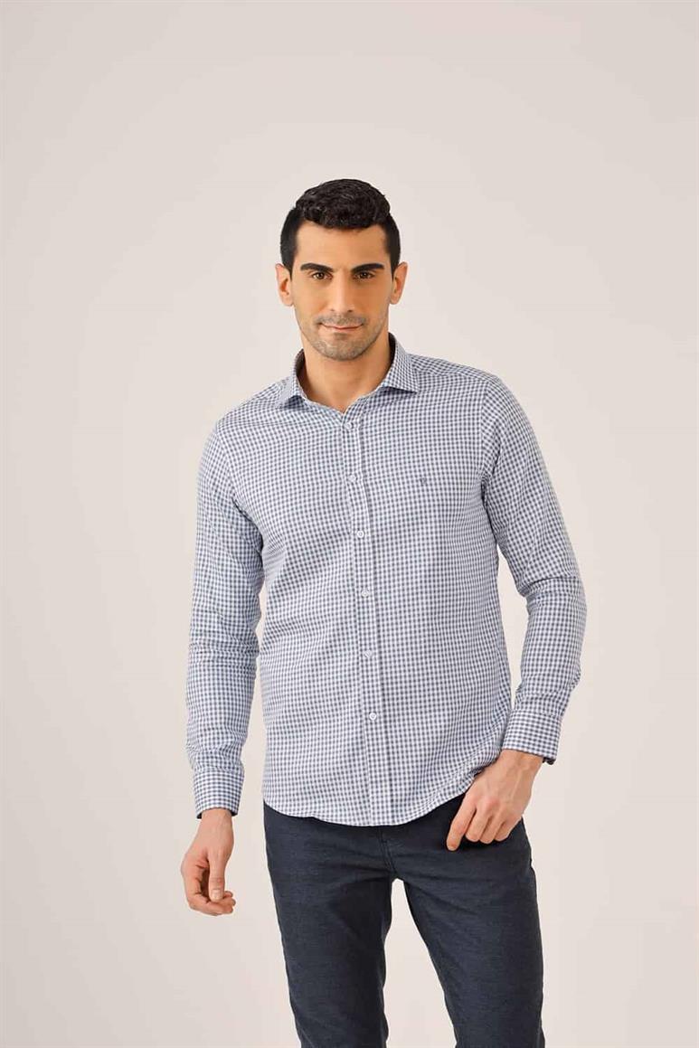 Koyu Mavi Erkek Slim Fit Ekose Desenli Yarım İtalyan Yaka Uzun Kol Gömlek - 90004