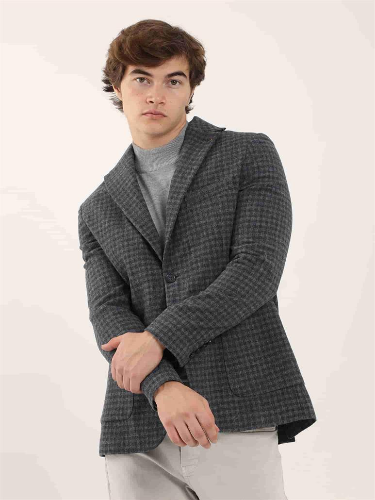 Koyu Mavi Erkek Slim Fit Ekose Desenli Mono Yaka Ceket 