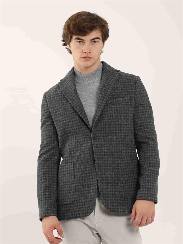 Koyu Mavi Erkek Slim Fit Ekose Desenli Mono Yaka Ceket 