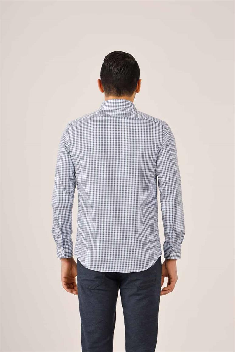 Koyu Mavi Erkek Slim Fit Ekose Desenli Yarım İtalyan Yaka Uzun Kol Gömlek - 90004
