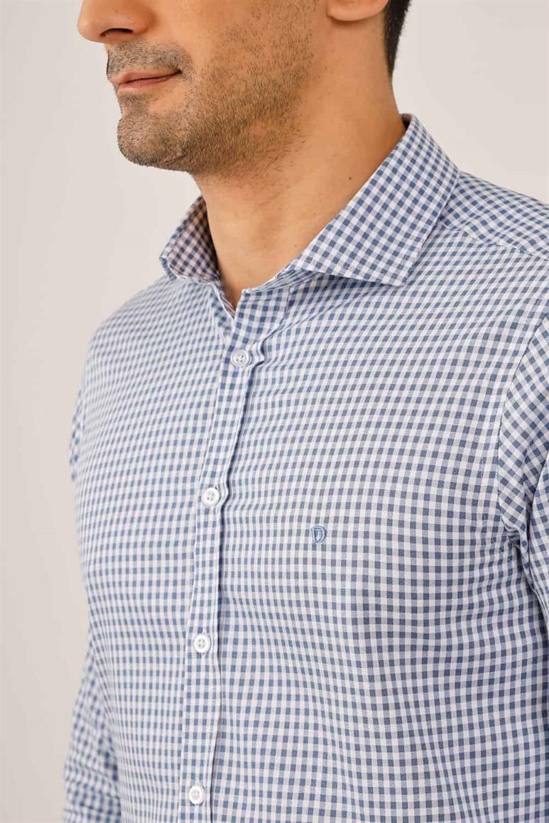 Koyu Mavi Erkek Slim Fit Ekose Desenli Yarım İtalyan Yaka Uzun Kol Gömlek - 90004