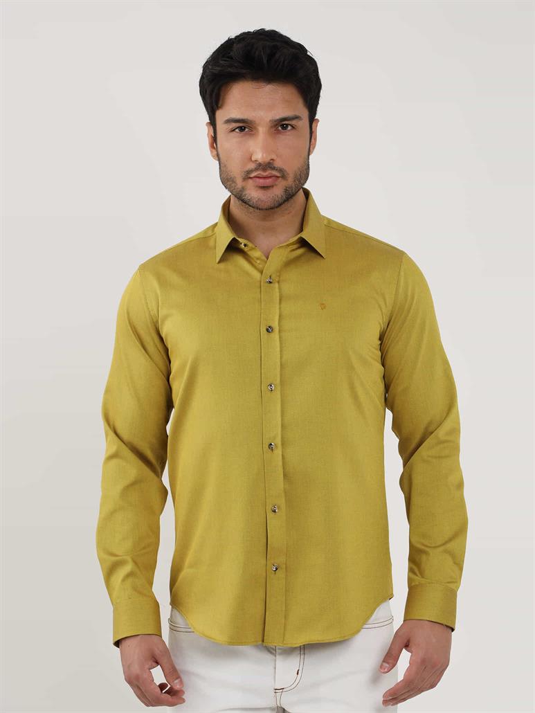 Koyu Sarı Erkek Slim Fit Düz Brent Yaka Uzun Kol Gömlek 