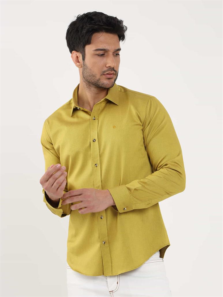 Koyu Sarı Erkek Slim Fit Düz Brent Yaka Uzun Kol Gömlek 