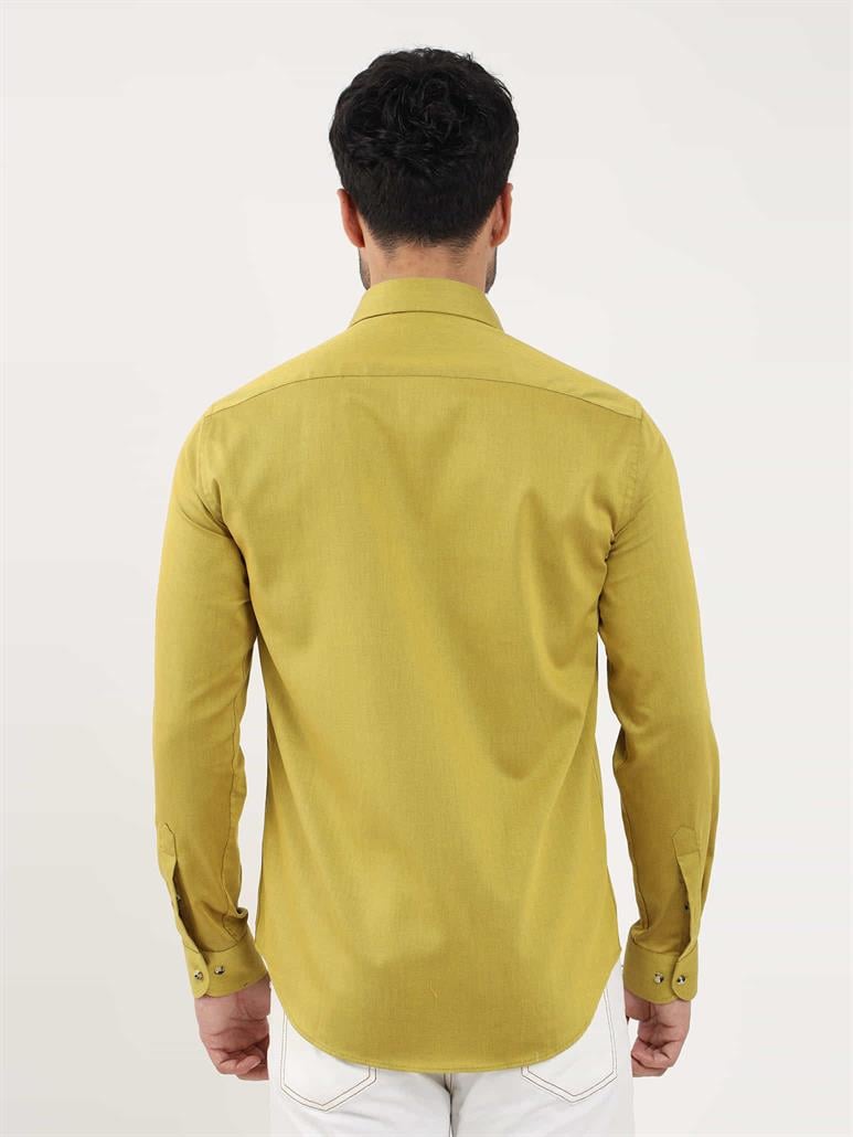 Koyu Sarı Erkek Slim Fit Düz Brent Yaka Uzun Kol Gömlek 