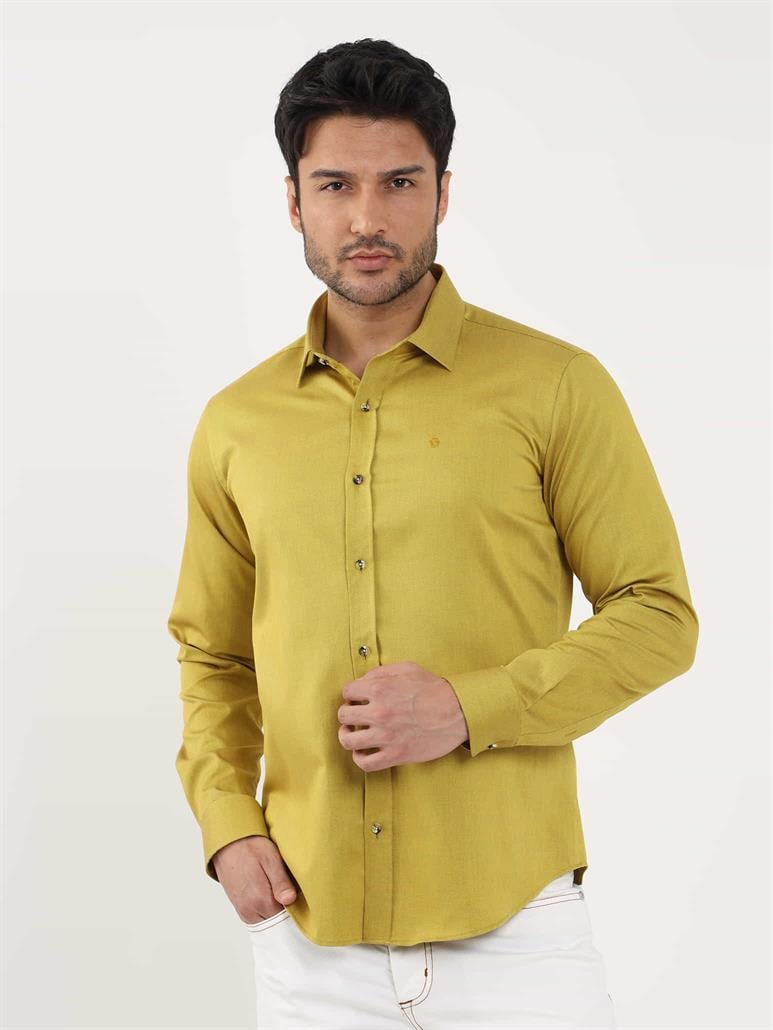 Koyu Sarı Erkek Slim Fit Düz Brent Yaka Uzun Kol Gömlek 