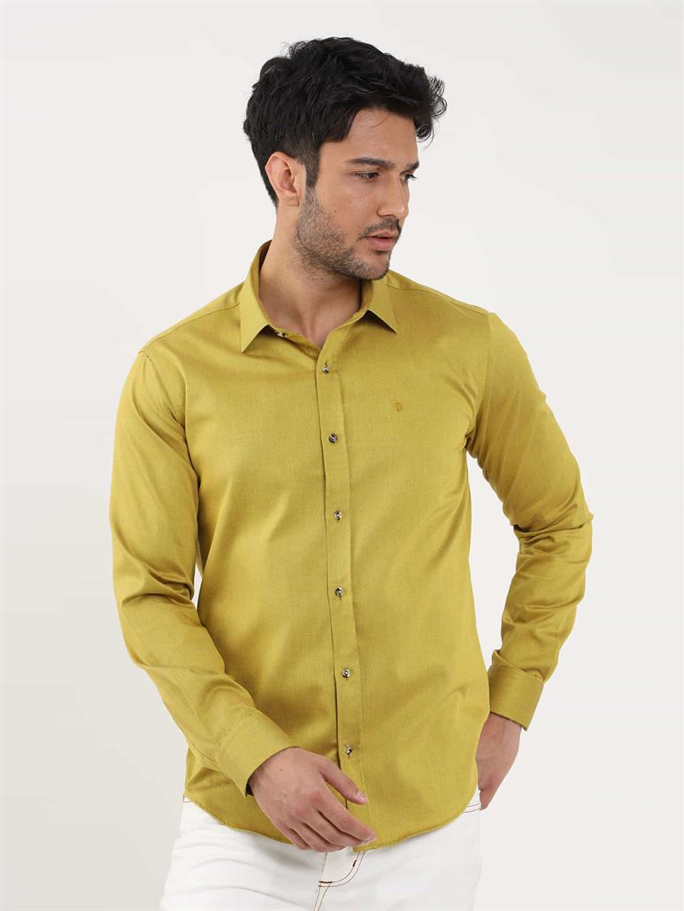 Koyu Sarı Erkek Slim Fit Düz Brent Yaka Uzun Kol Gömlek 