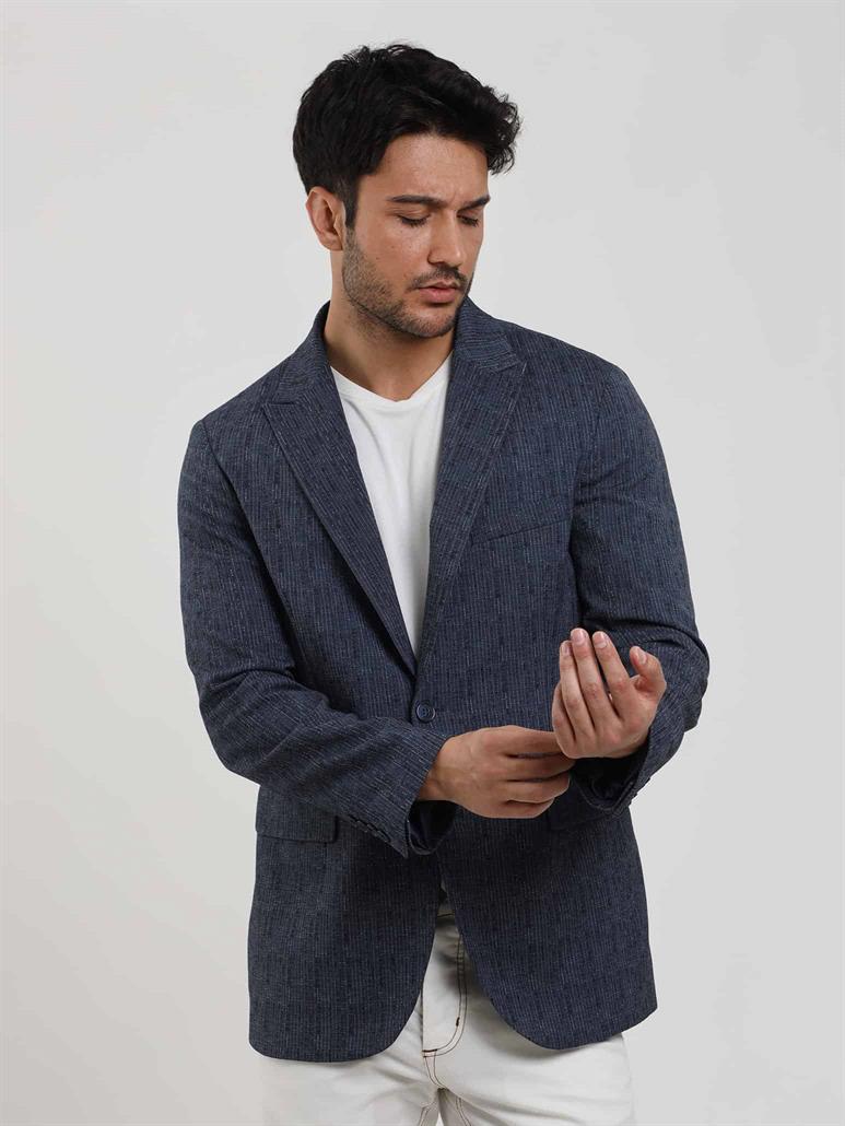 Lacivert Erkek Slim Fit Çizgili Sivri Yaka Ceket 