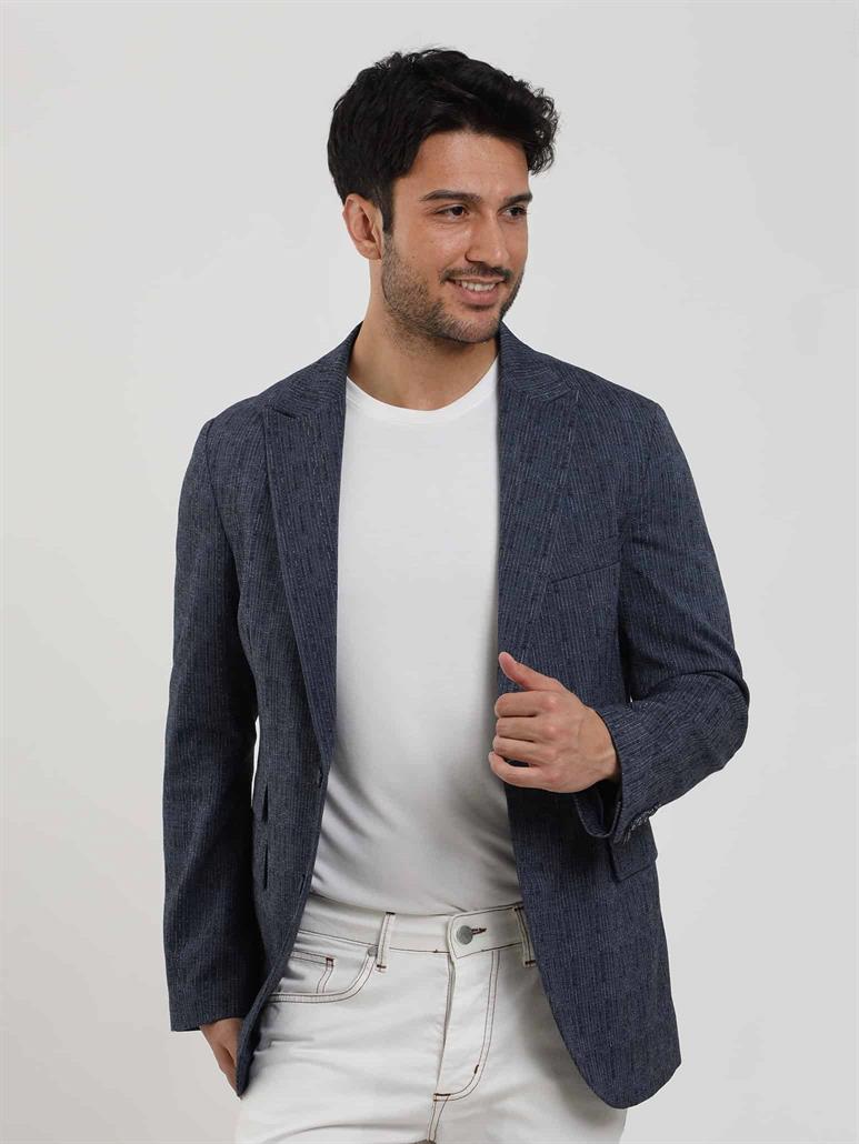 Lacivert Erkek Slim Fit Çizgili Sivri Yaka Ceket 