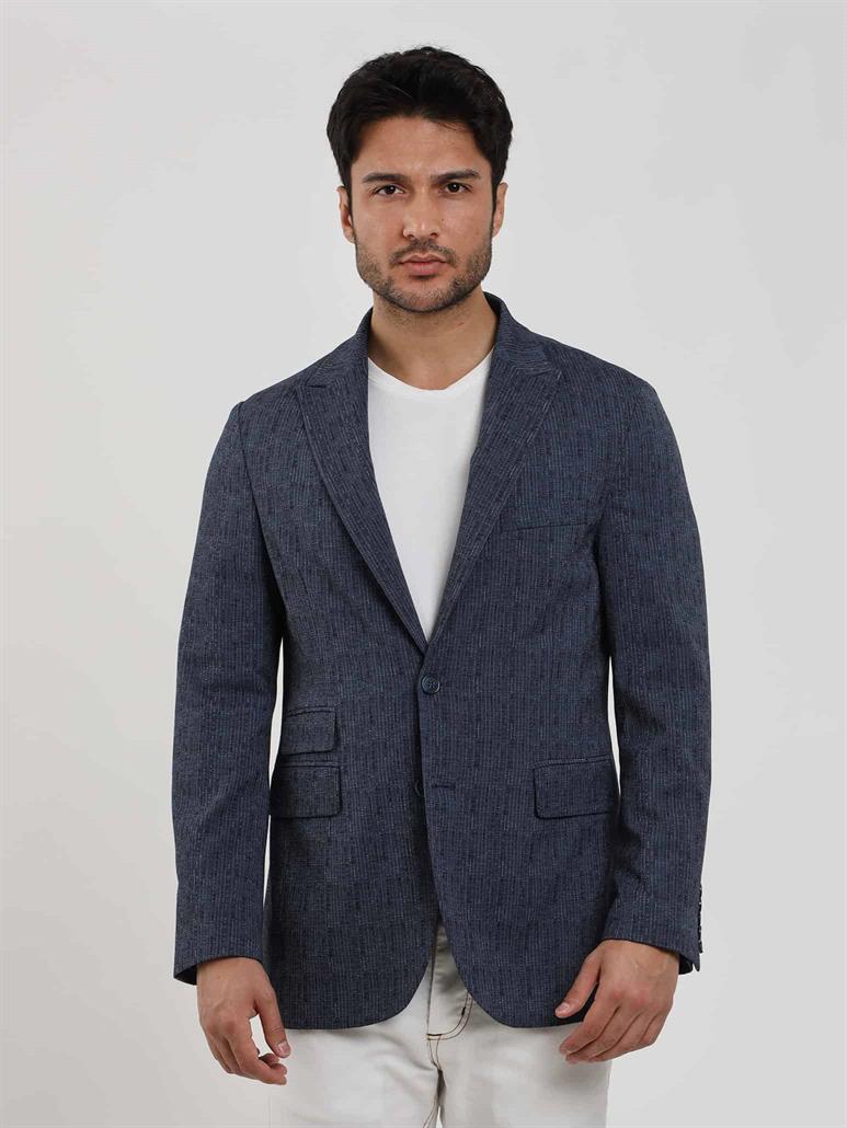 Lacivert Erkek Slim Fit Çizgili Sivri Yaka Ceket 