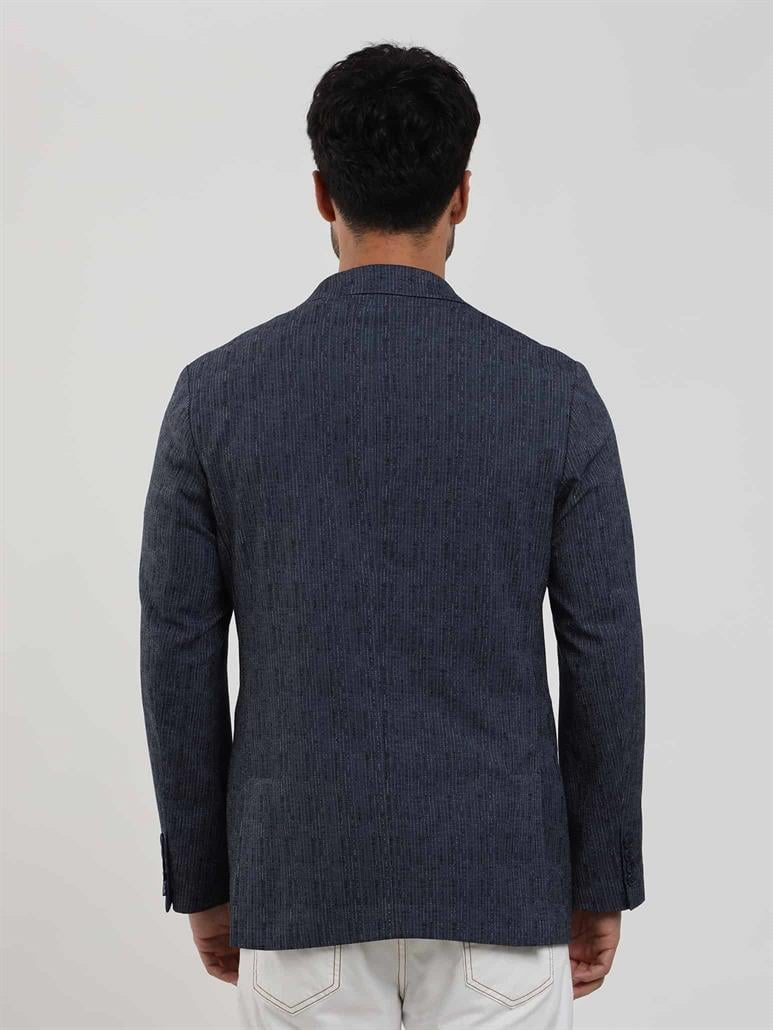 Lacivert Erkek Slim Fit Çizgili Sivri Yaka Ceket 