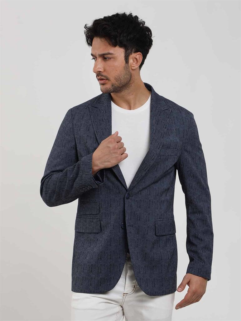 Lacivert Erkek Slim Fit Çizgili Sivri Yaka Ceket 
