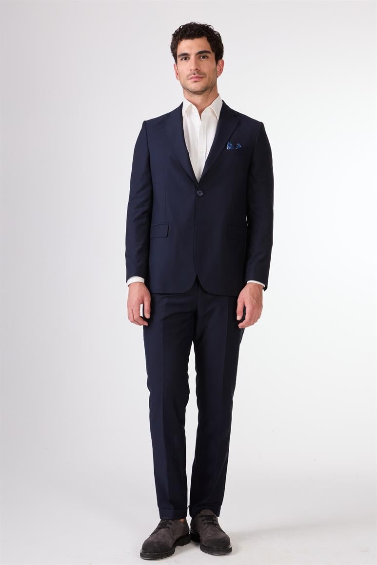 Dufy Lacivert Erkek Düz Mono Yaka Takım Elbise 