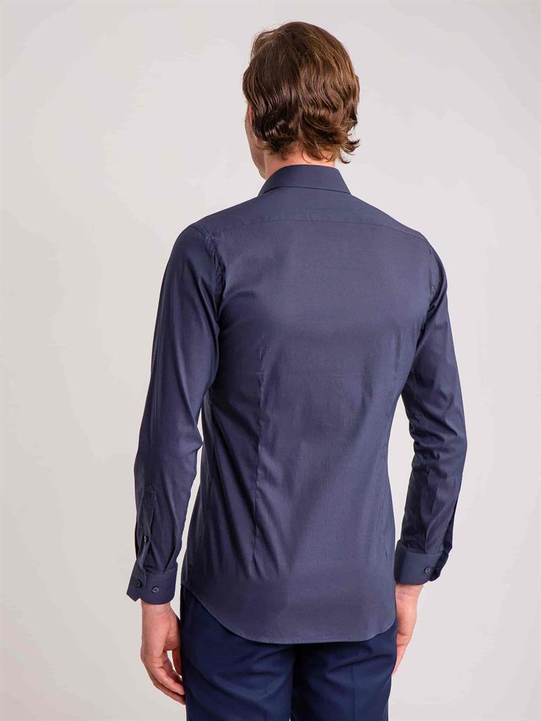Lacivert Erkek Ekstra Slim Fit Düz Brent Yaka Uzun Kol Gömlek 