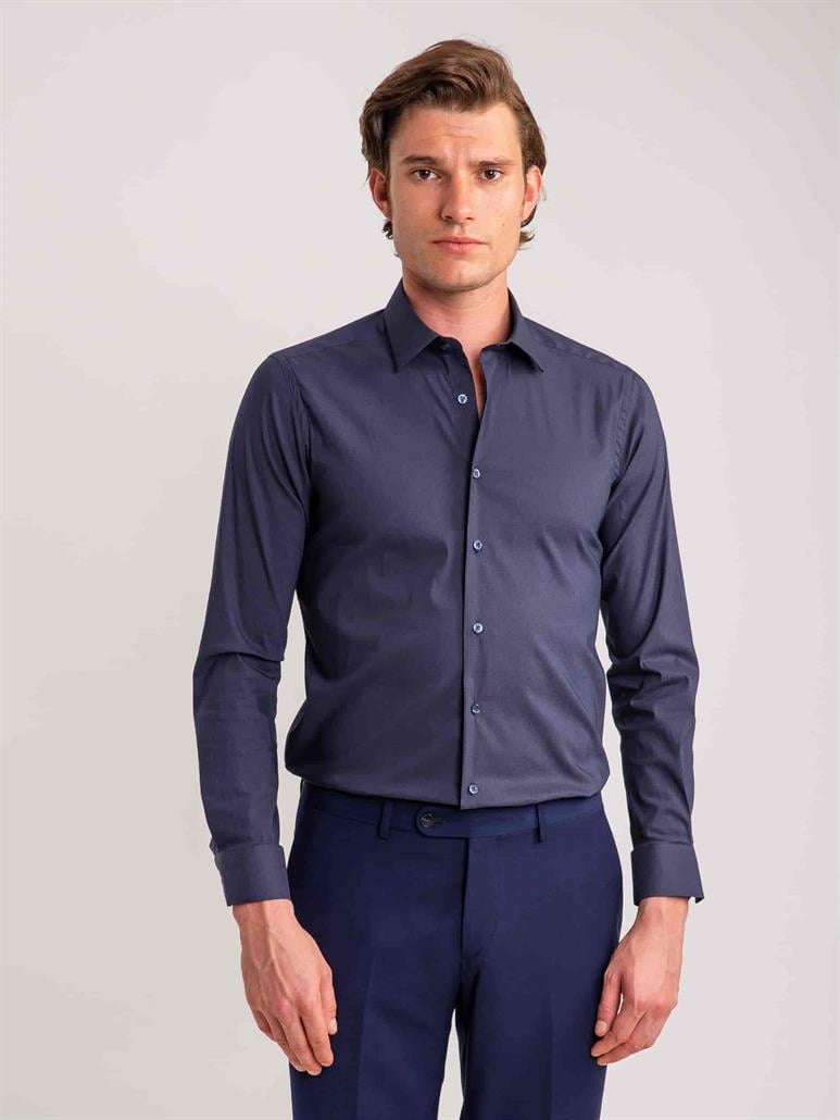Lacivert Erkek Ekstra Slim Fit Düz Brent Yaka Uzun Kol Gömlek 