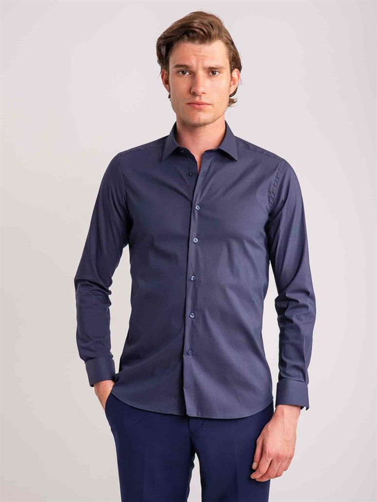 Lacivert Erkek Ekstra Slim Fit Düz Brent Yaka Uzun Kol Gömlek 