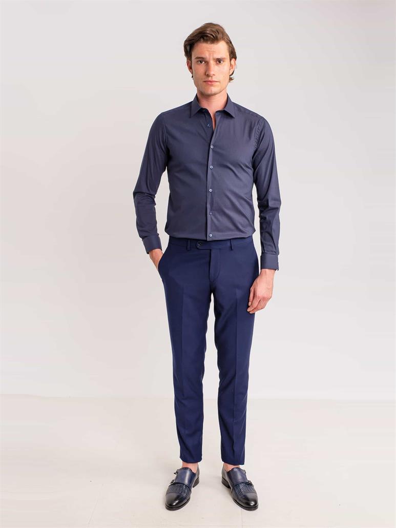 Lacivert Erkek Ekstra Slim Fit Düz Brent Yaka Uzun Kol Gömlek 