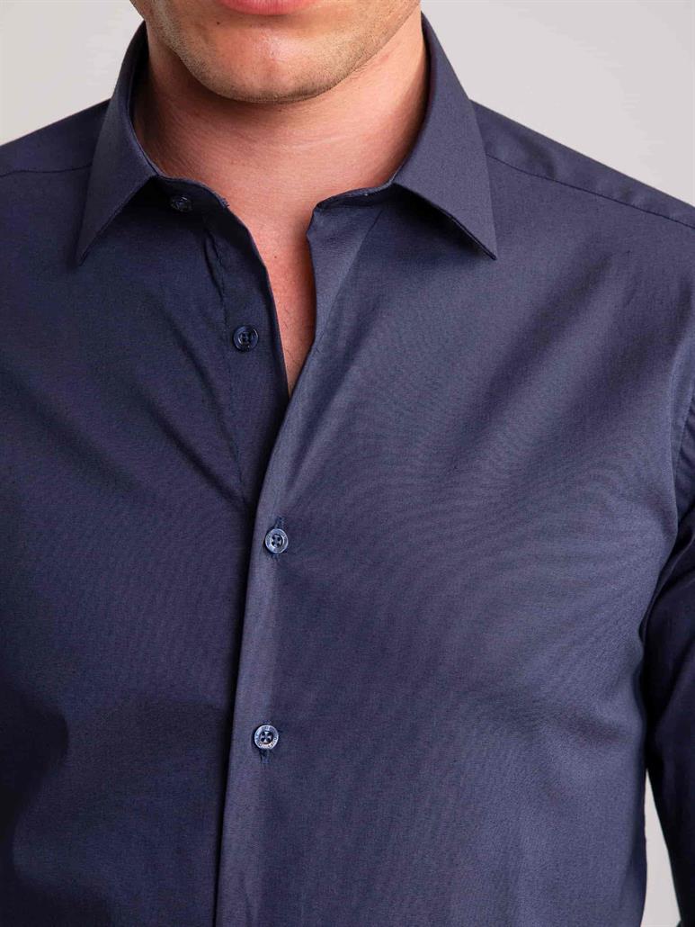 Lacivert Erkek Ekstra Slim Fit Düz Brent Yaka Uzun Kol Gömlek 