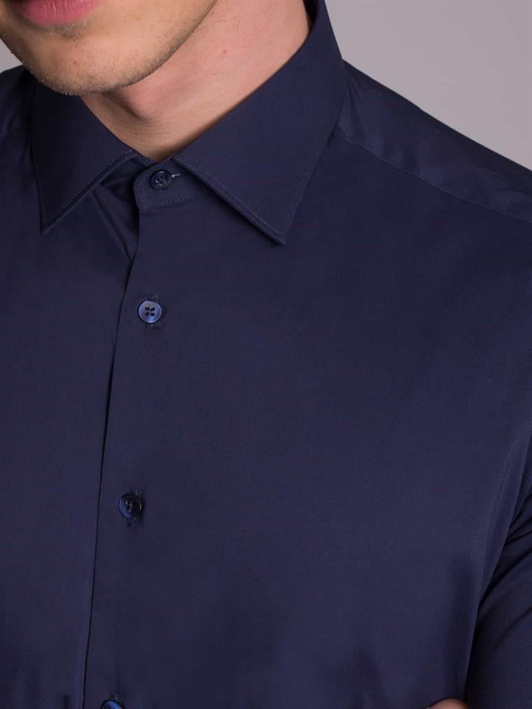 Lacivert Erkek Ekstra Slim Fit Düz Klasik Yaka Uzun Kol Gömlek 