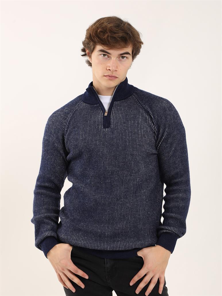 Lacivert Erkek Regular Fit Dokulu Fermuarlı Dik Yaka Triko 