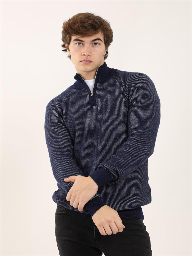 Lacivert Erkek Regular Fit Dokulu Fermuarlı Dik Yaka Triko 