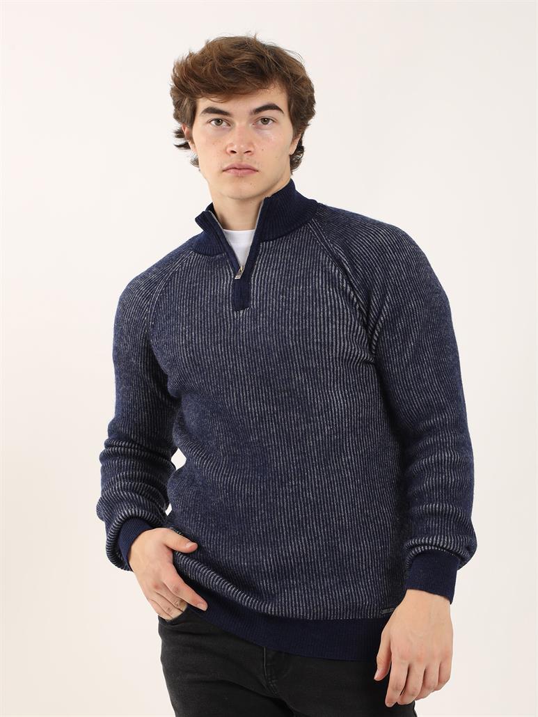 Lacivert Erkek Regular Fit Dokulu Fermuarlı Dik Yaka Triko 