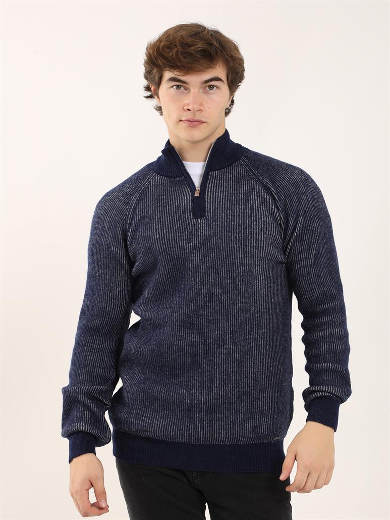 Lacivert Erkek Regular Fit Dokulu Fermuarlı Dik Yaka Triko 