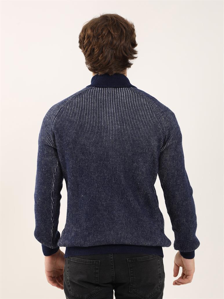 Lacivert Erkek Regular Fit Dokulu Fermuarlı Dik Yaka Triko 