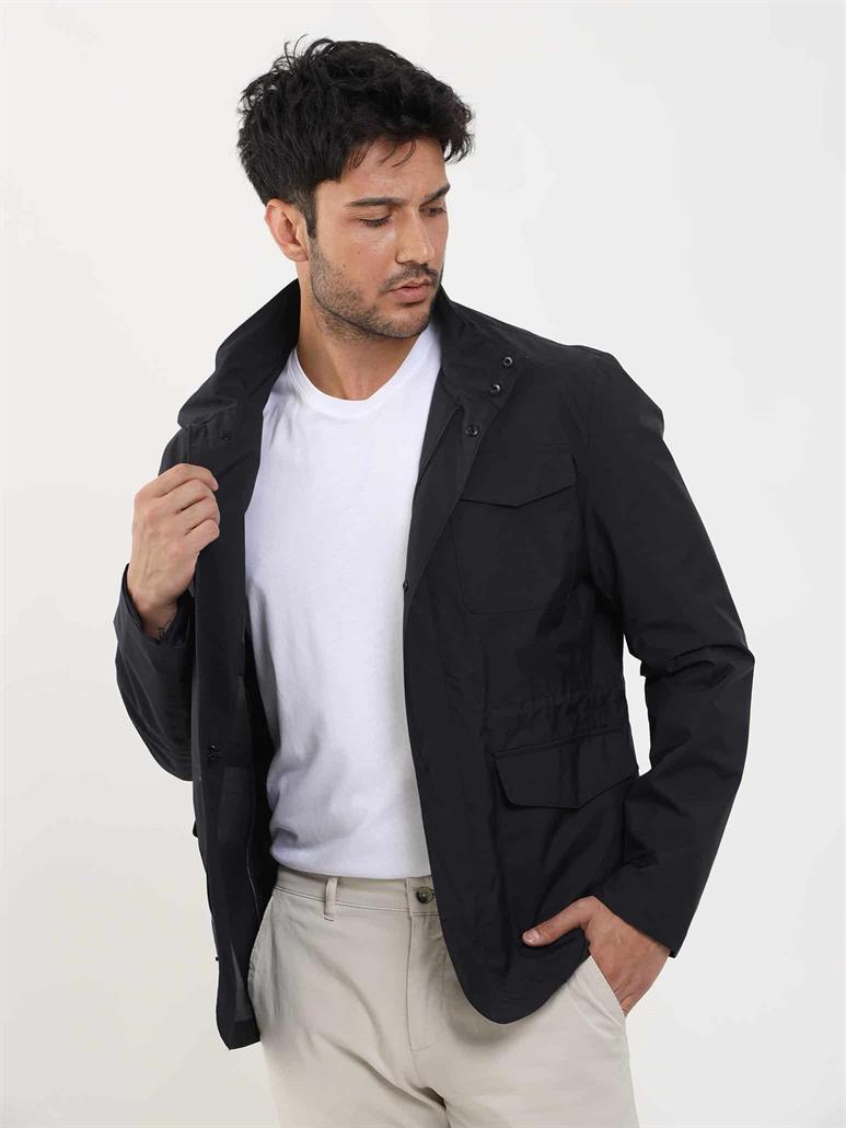 Lacivert Erkek Regular Fit Düz Hakim Yaka Safari Mont 