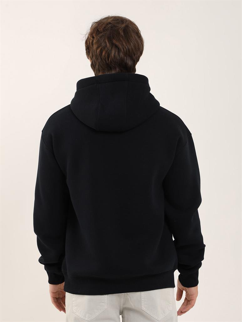 Lacivert Erkek Oversize Düz Pamuklu Kapüşonlu Sweatshirt 