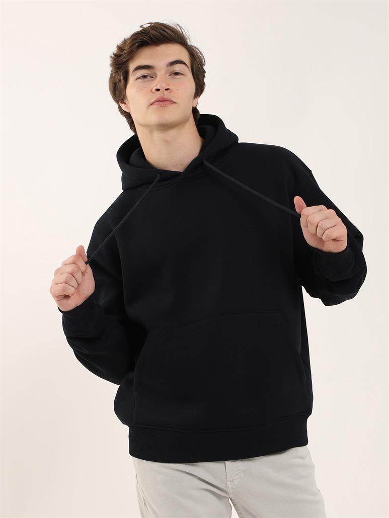 Lacivert Erkek Oversize Düz Pamuklu Kapüşonlu Sweatshirt 
