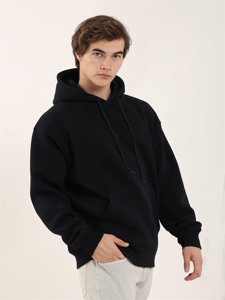 Lacivert Erkek Oversize Düz Pamuklu Kapüşonlu Sweatshirt 