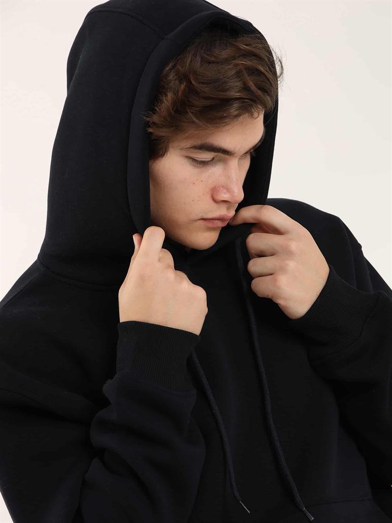 Lacivert Erkek Oversize Düz Pamuklu Kapüşonlu Sweatshirt 