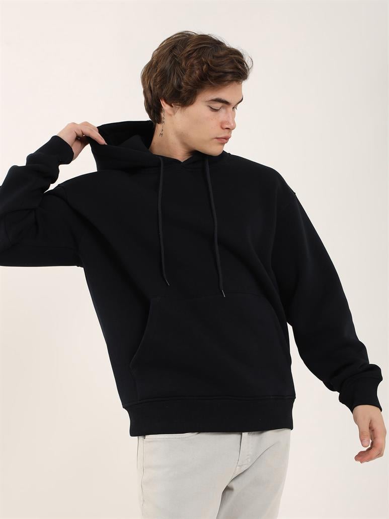 Lacivert Erkek Oversize Düz Pamuklu Kapüşonlu Sweatshirt 