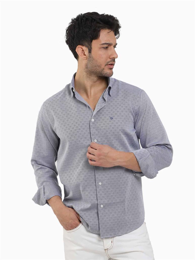 Lacivert Erkek Regular Fit Armürlü Düğmeli Yaka Uzun Kol Gömlek 