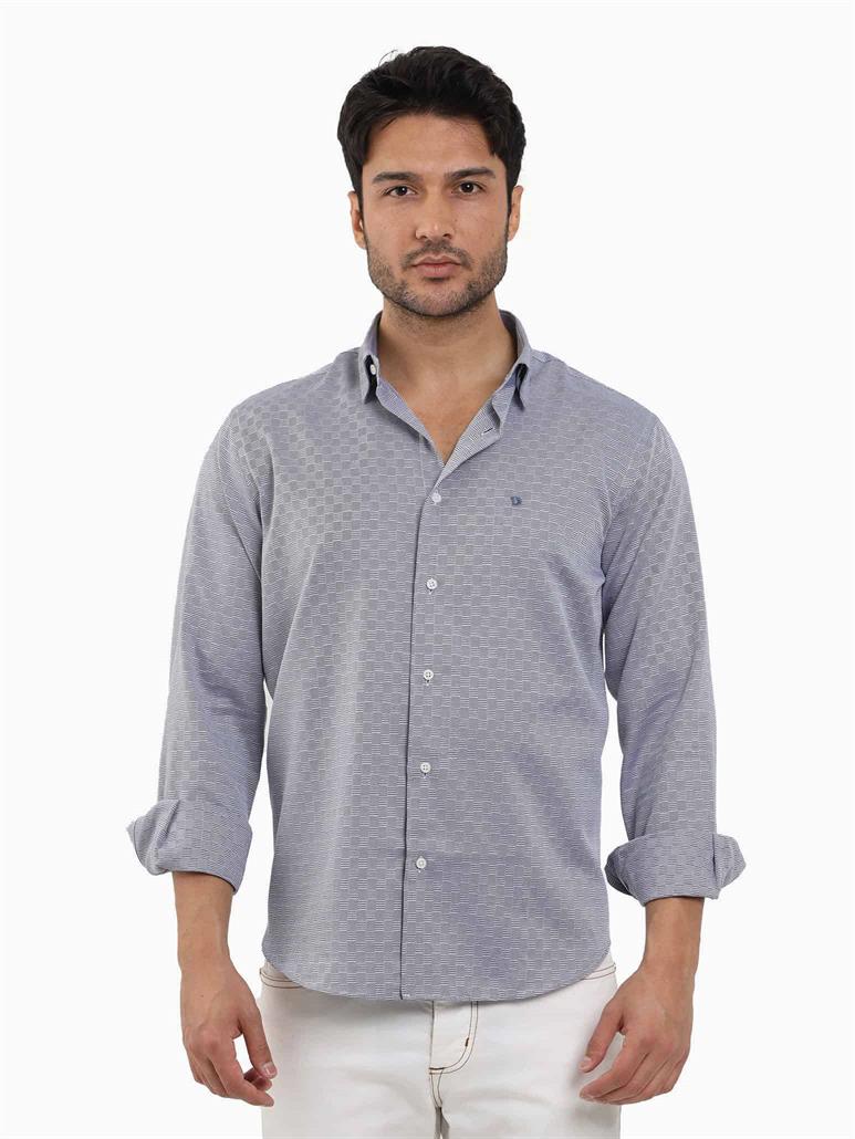 Lacivert Erkek Regular Fit Armürlü Düğmeli Yaka Uzun Kol Gömlek 